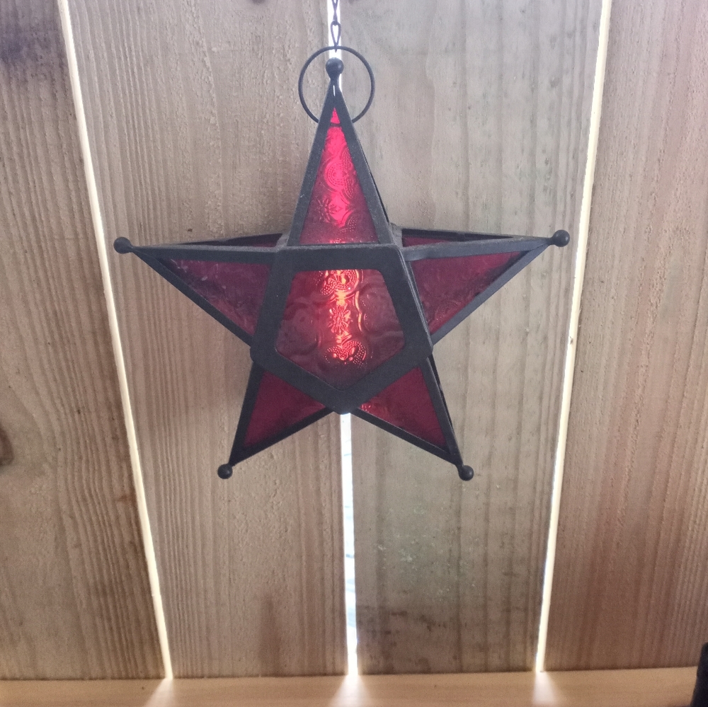 Moroccan Star Lantern Hanging Glass Five Points Tea Light Candle Holder In Red